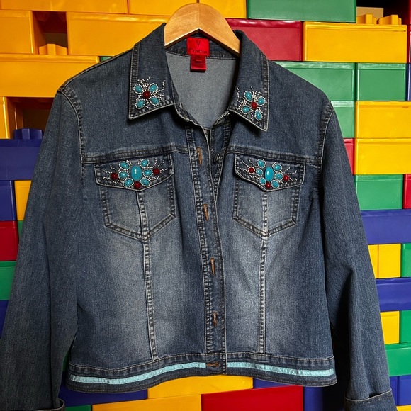 V Christina denim turquoise and ruby butterfly jacket size large - Picture 10 of 11